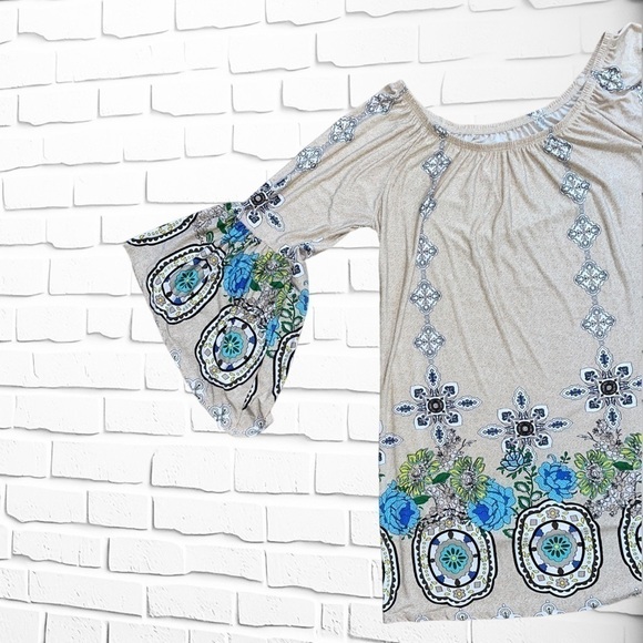 Women’s Small Boho Vintage Floral Off Shoulder Bell Sleeve Mini Dress/Tunic Top - Picture 3 of 11